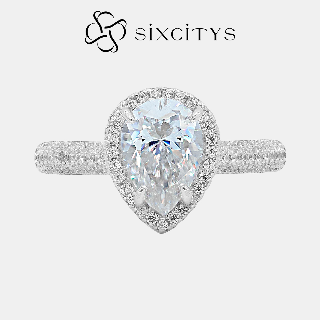 【193】15%OFF 2CT Pear Halo Paved Synthetic Moissanite Ring