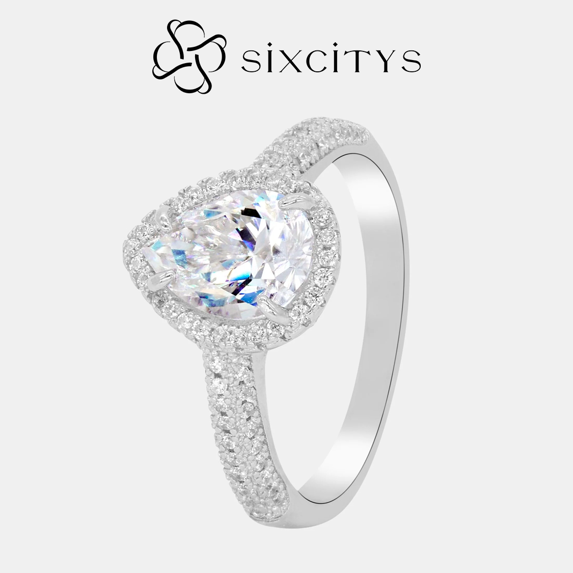 【193】15%OFF 2CT Pear Halo Paved Synthetic Moissanite Ring