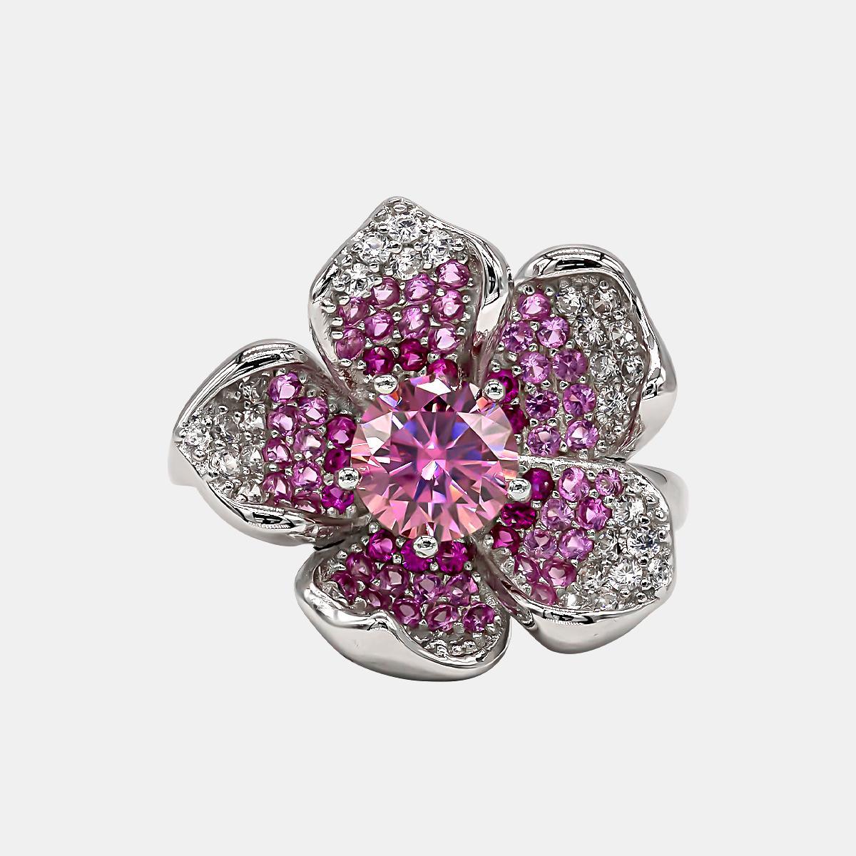 【732】"Springtime Symphony" Flower Gradient Cluster 1 Carat Pink Synthetic Moissanite Ring