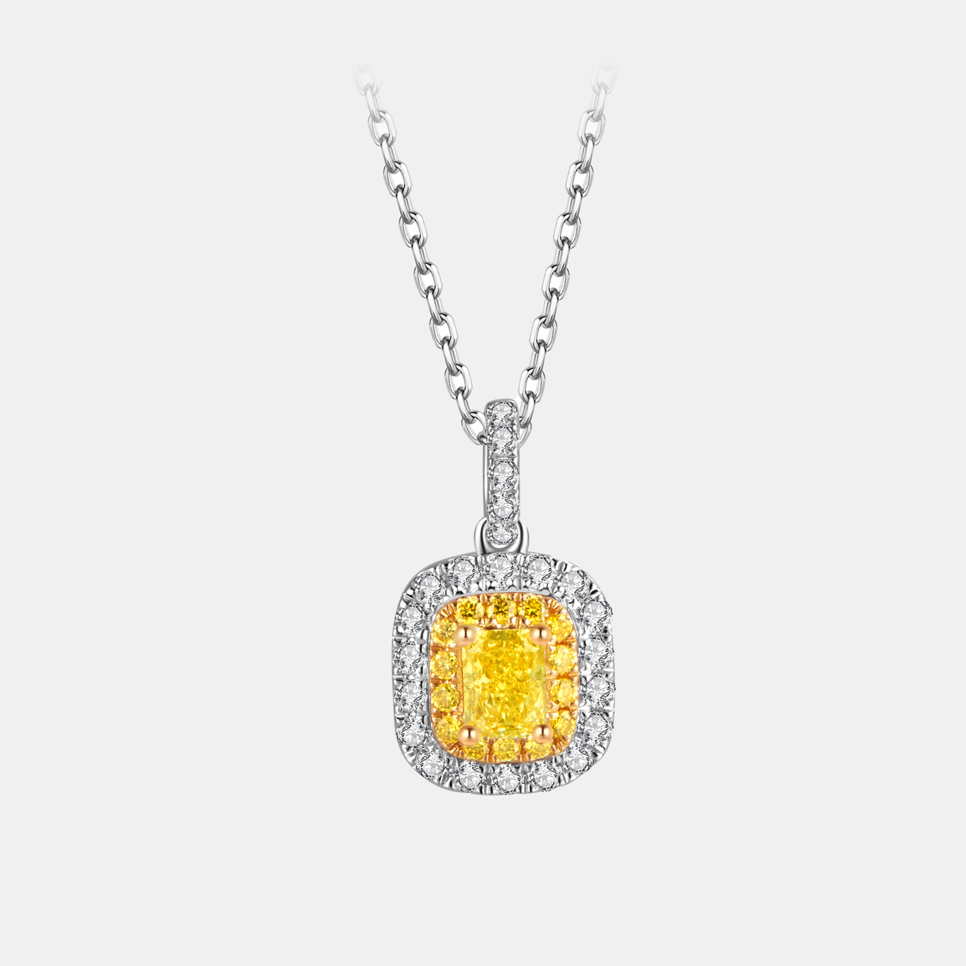 18K White Gold Halo Radiant Yellow Lab Diamond Necklace