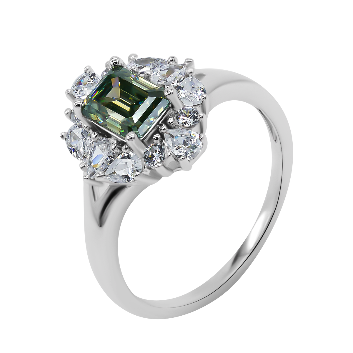 【741】Radiant Cluster 1 Carat Emerald Cut Green Moissanite Ring